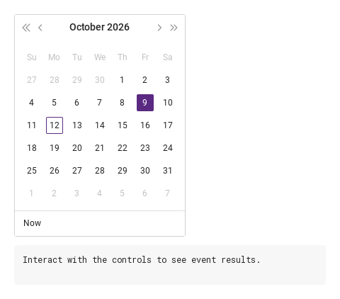 SyCalendar · dateNames · mondayStart · hideWeekend · Default