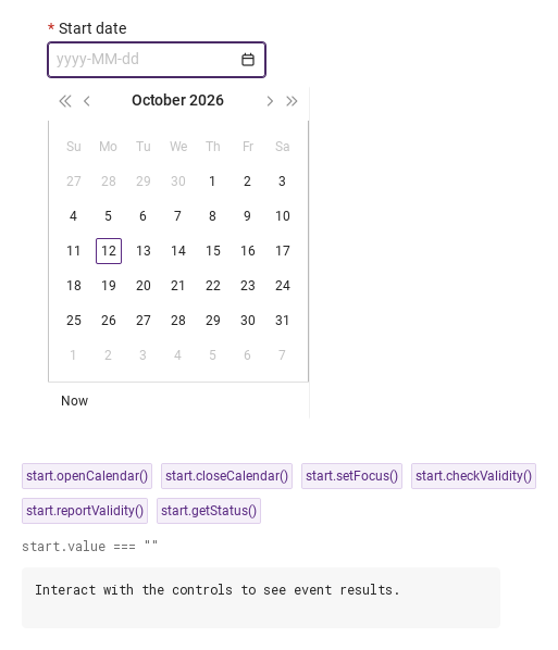 openCalendar · closeCalendar · checkValidity · … · Opened